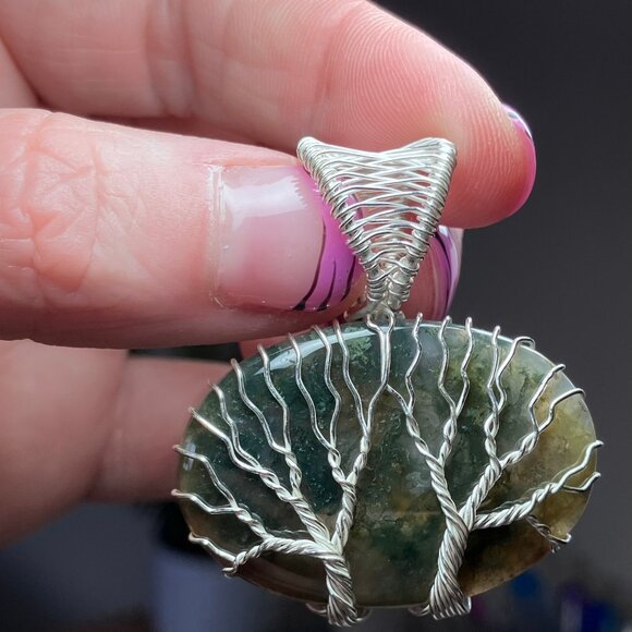 Dual Tree of Life Moss Agate Pendant Wire Wrapped Stone Jewelry - Picture 7 of 9